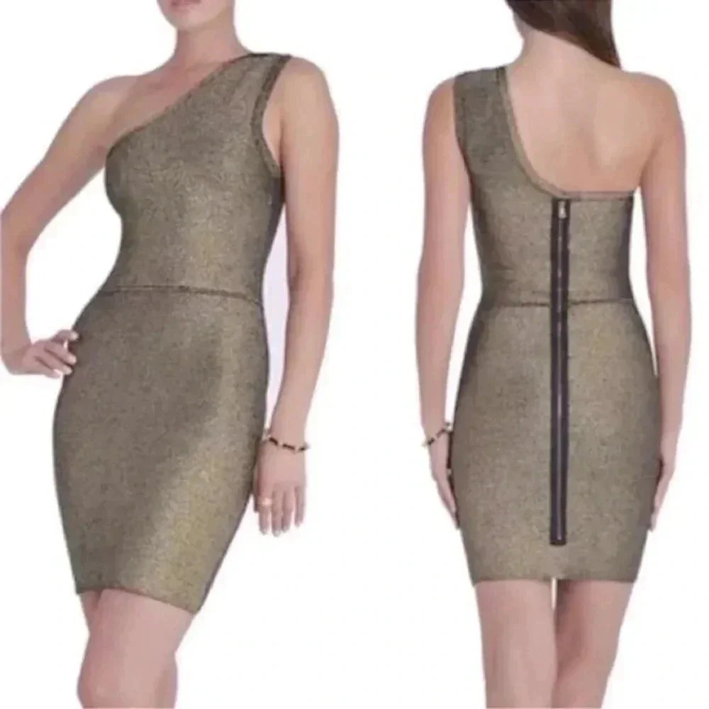 BCBGMAXAZRIA | Inari Bodycon One Shoulder Dress Metallic Shimmer Size Small S